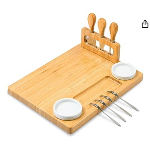 Brand New Bamboo Cheese Board Set with 3 Stainless Steel Knives and Dip Trays - Picture 4 of 6